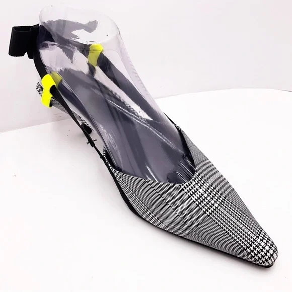 {Zara} Gray Plaid Slingback Bow Kitten Heels - Picture 15 of 16